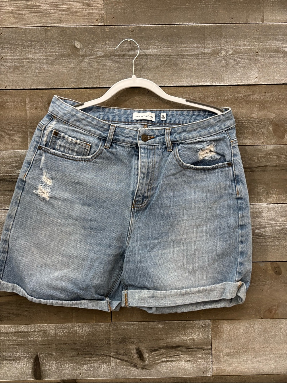 Gibson Light Blue Distressed Rolled-Hem Denim Shorts